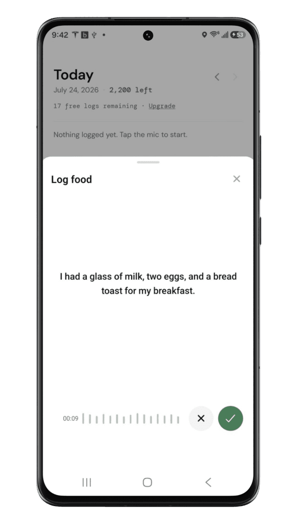 BitePad voice logging a breakfast in natural language